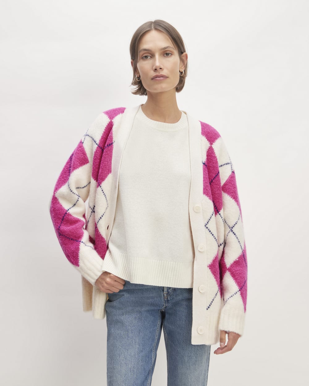 The SuperFuzz Alpaca Cardigan | Bone / Fuchsia Pink / Ocean Cavern