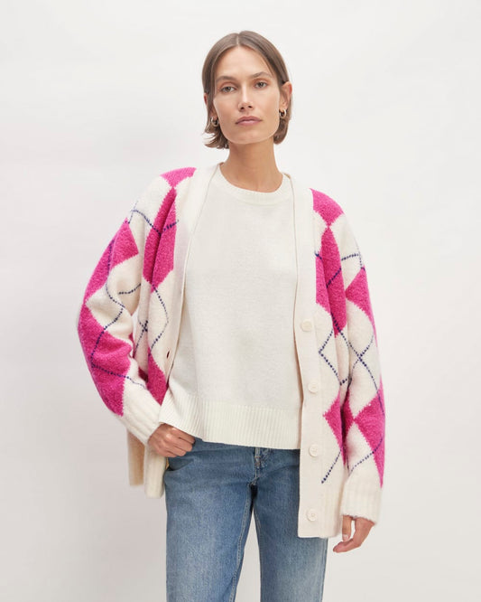 The SuperFuzz Alpaca Cardigan | Bone / Fuchsia Pink / Ocean Cavern