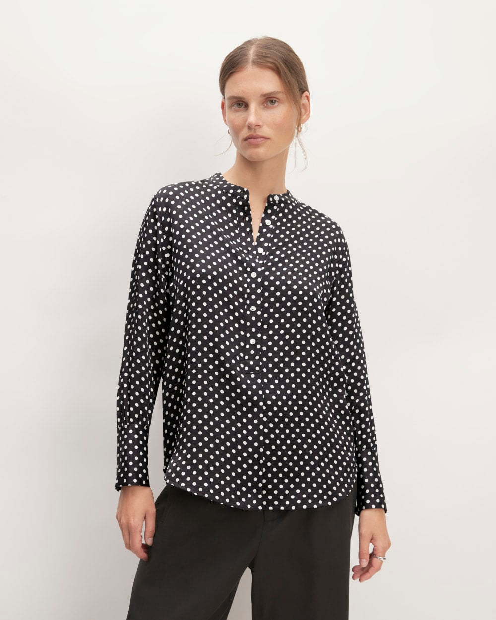 The Hammered Satin Popover Shirt | Black / Bone Polka Dot