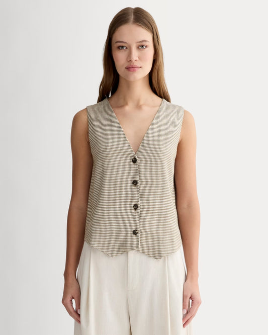 The Vest in Stretch Linen | Deep Taupe Mini Gingham