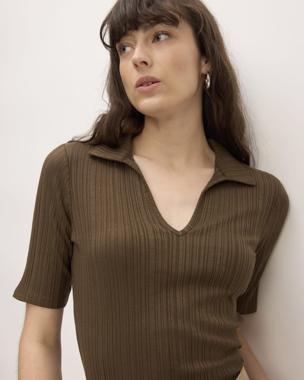 The Rib Soft Knit Open Collar Polo | Cocoa