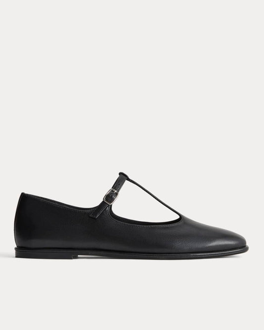 The Leather T-Strap Flat | Black