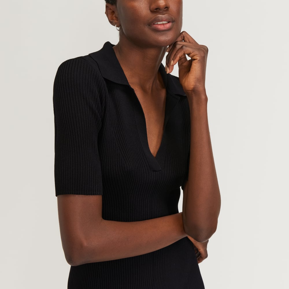 The Ribbed Short-Sleeve Polo Dress | Black