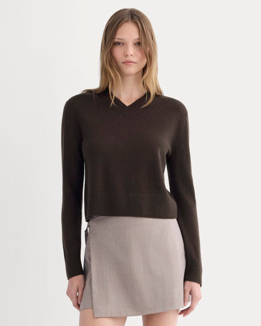 Cashmere Cropped High-V Sweater | Dark Chocolate
