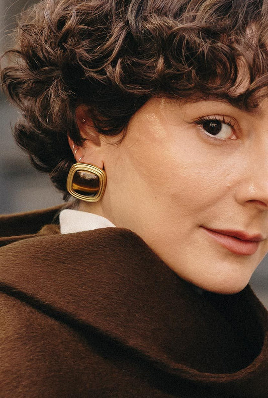 Gold Square Tiger's Eye Stud Earrings