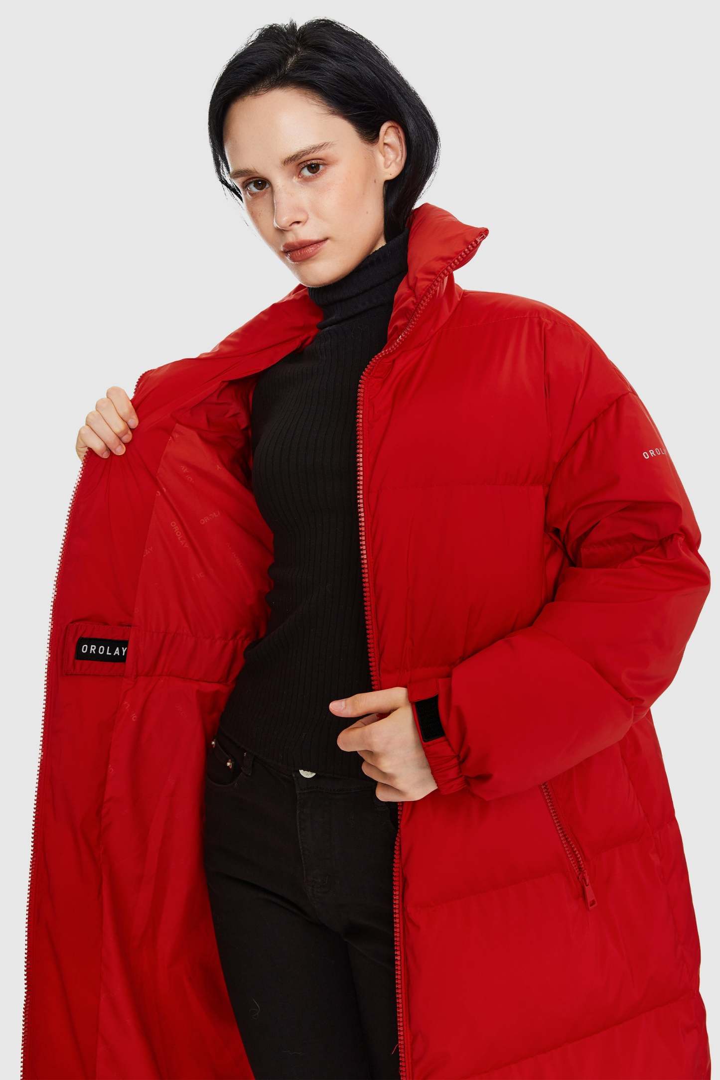 Long Down Puffer Jacket with Velcro Belt