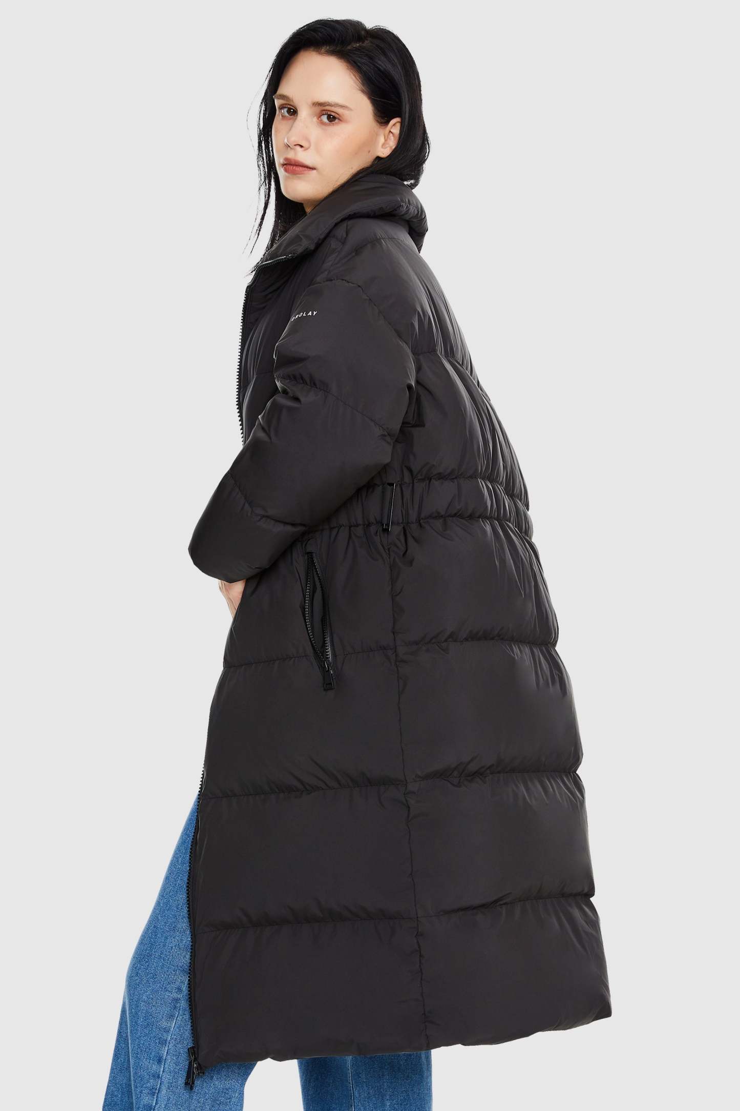 Long Down Puffer Jacket with Velcro Belt