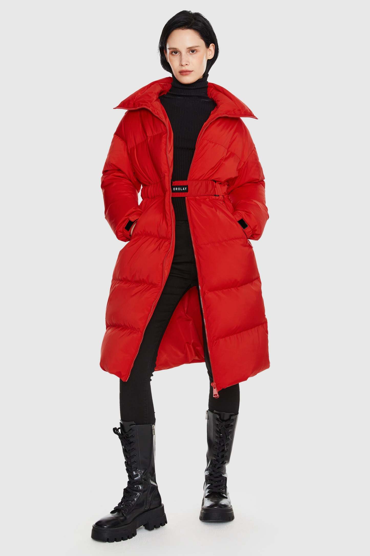 Long Down Puffer Jacket with Velcro Belt