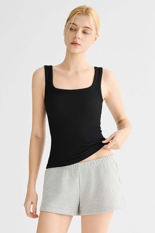Padded Ribbed Wide-Strap Crew Tank