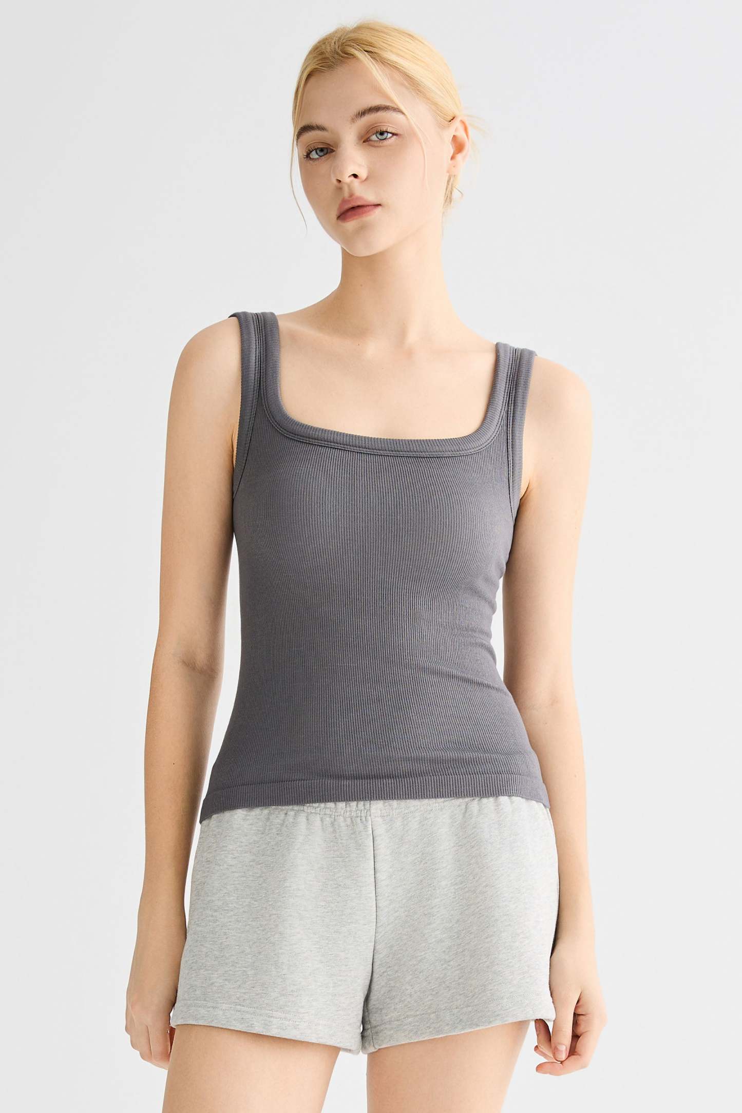 Padded Ribbed Wide-Strap Crew Tank