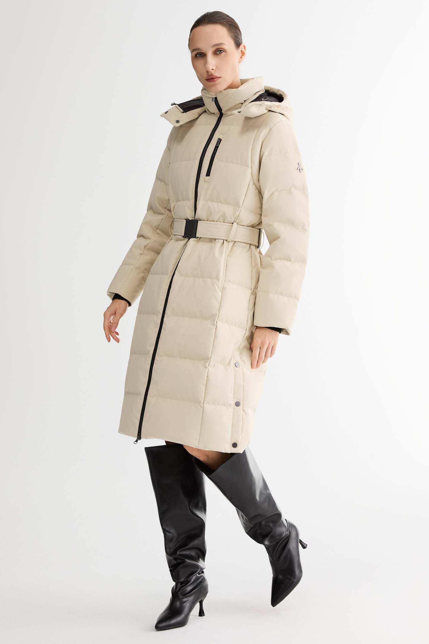 Celeste Long Hooded Belted Down Coat