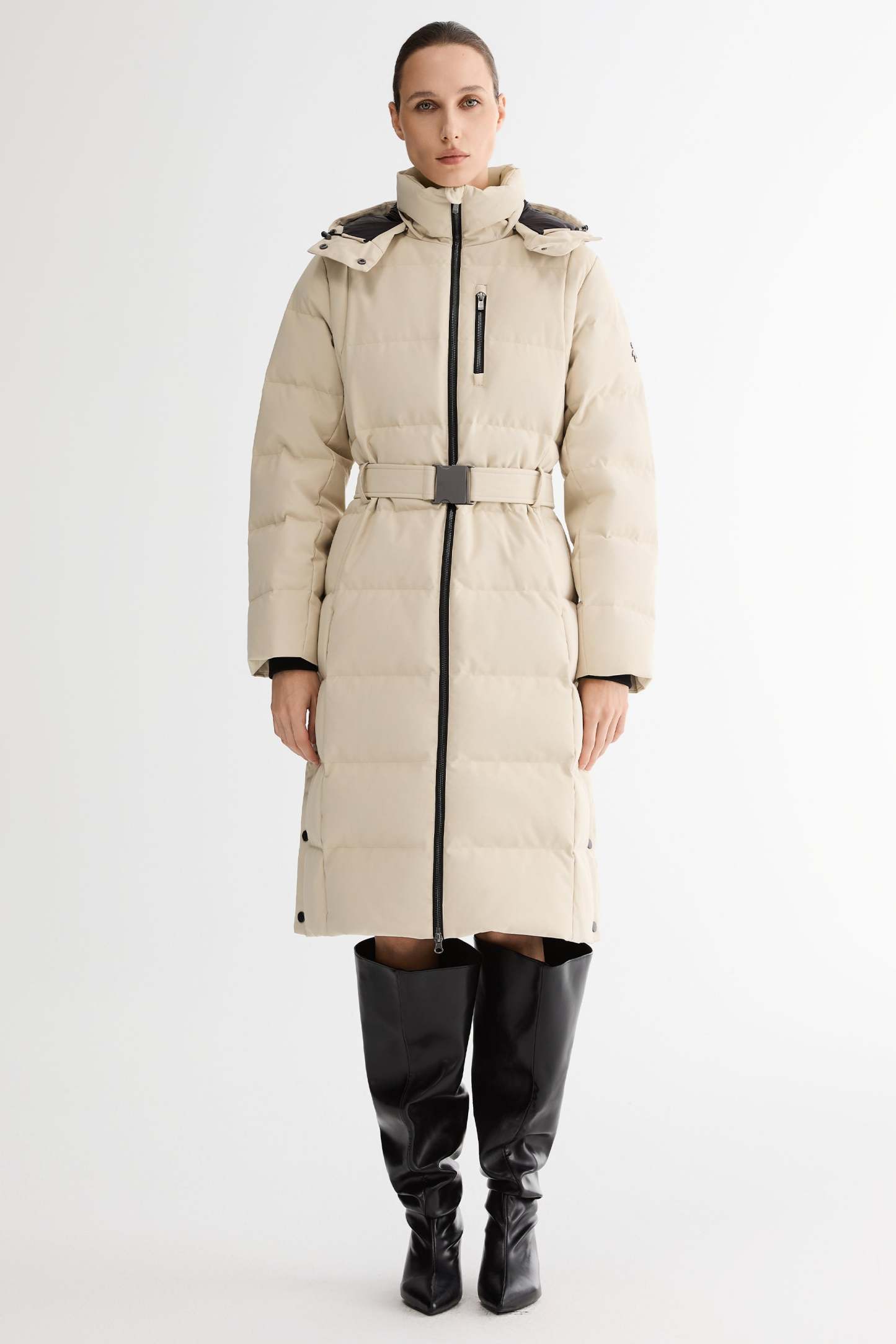 Celeste Long Hooded Belted Down Coat