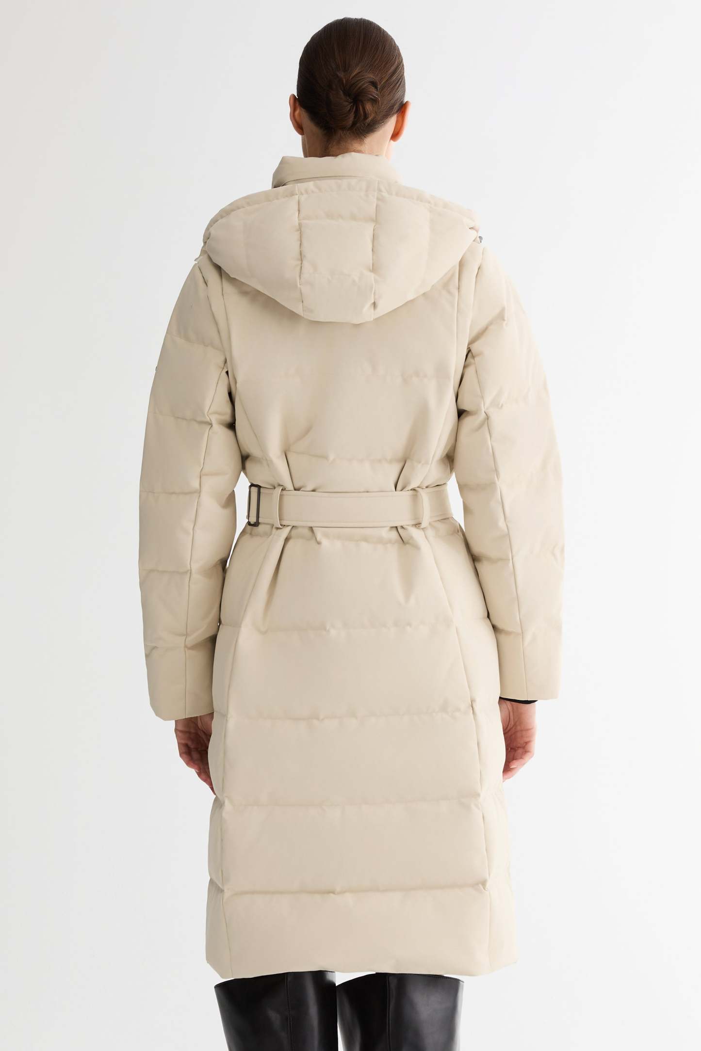 Celeste Long Hooded Belted Down Coat