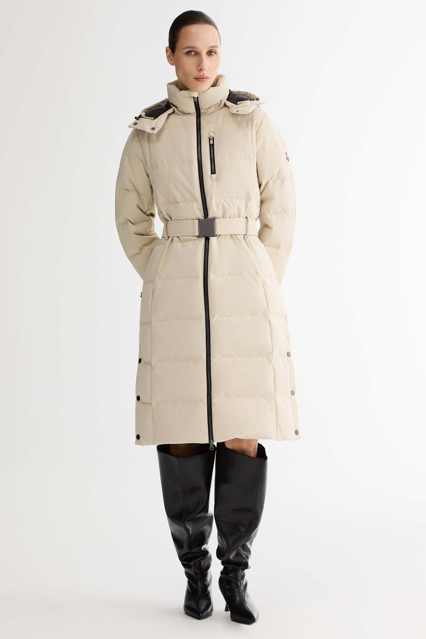Celeste Long Hooded Belted Down Coat