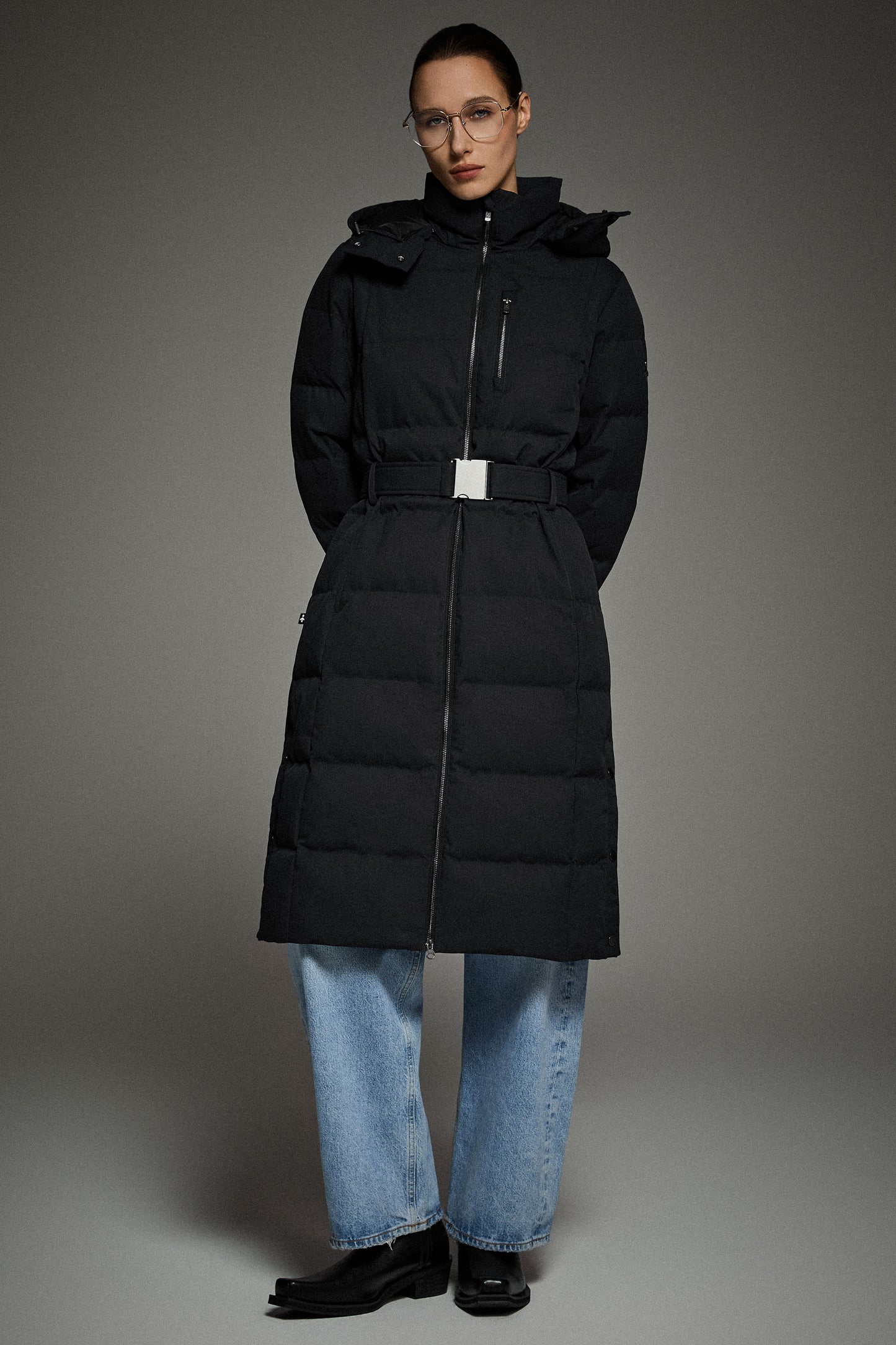 Celeste Long Hooded Belted Down Coat