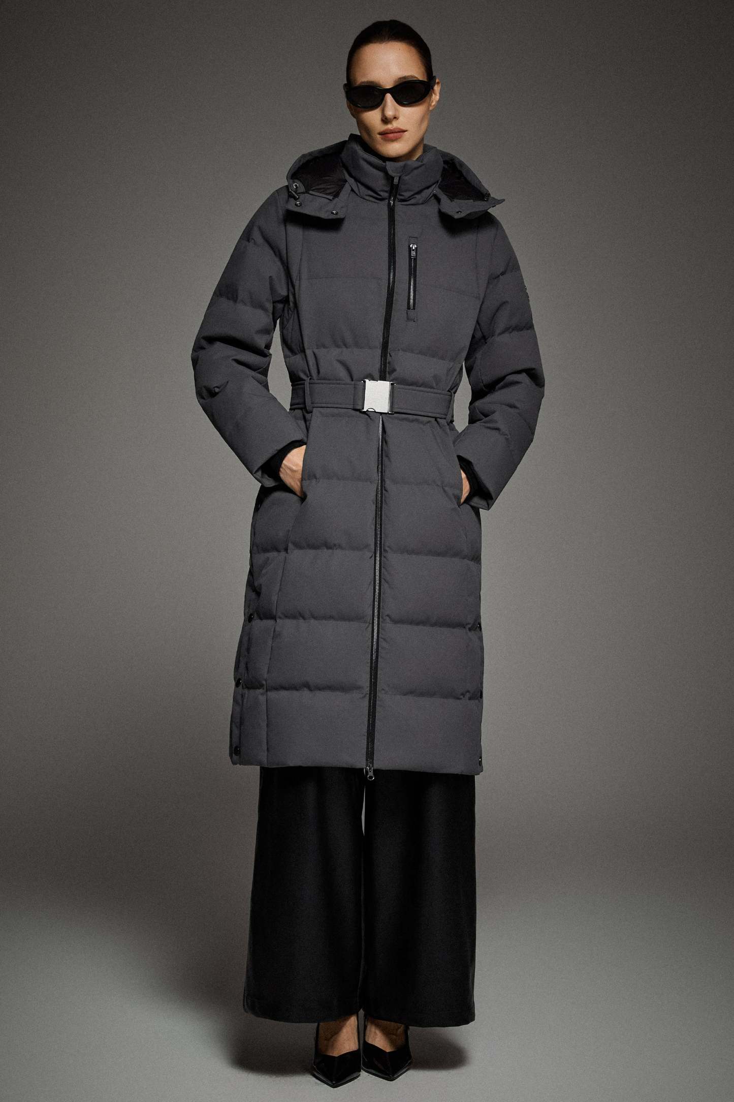 Celeste Long Hooded Belted Down Coat