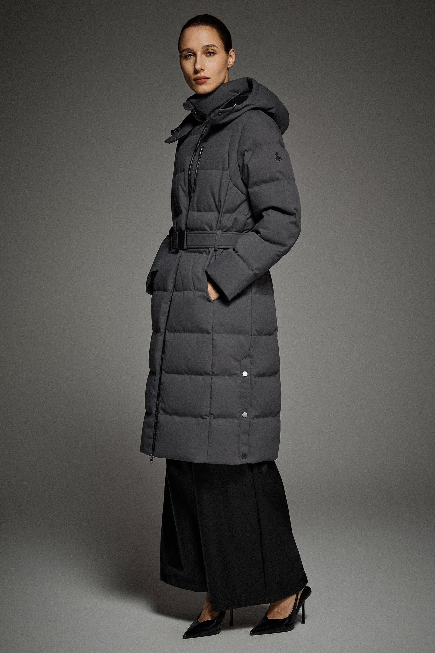 Celeste Long Hooded Belted Down Coat
