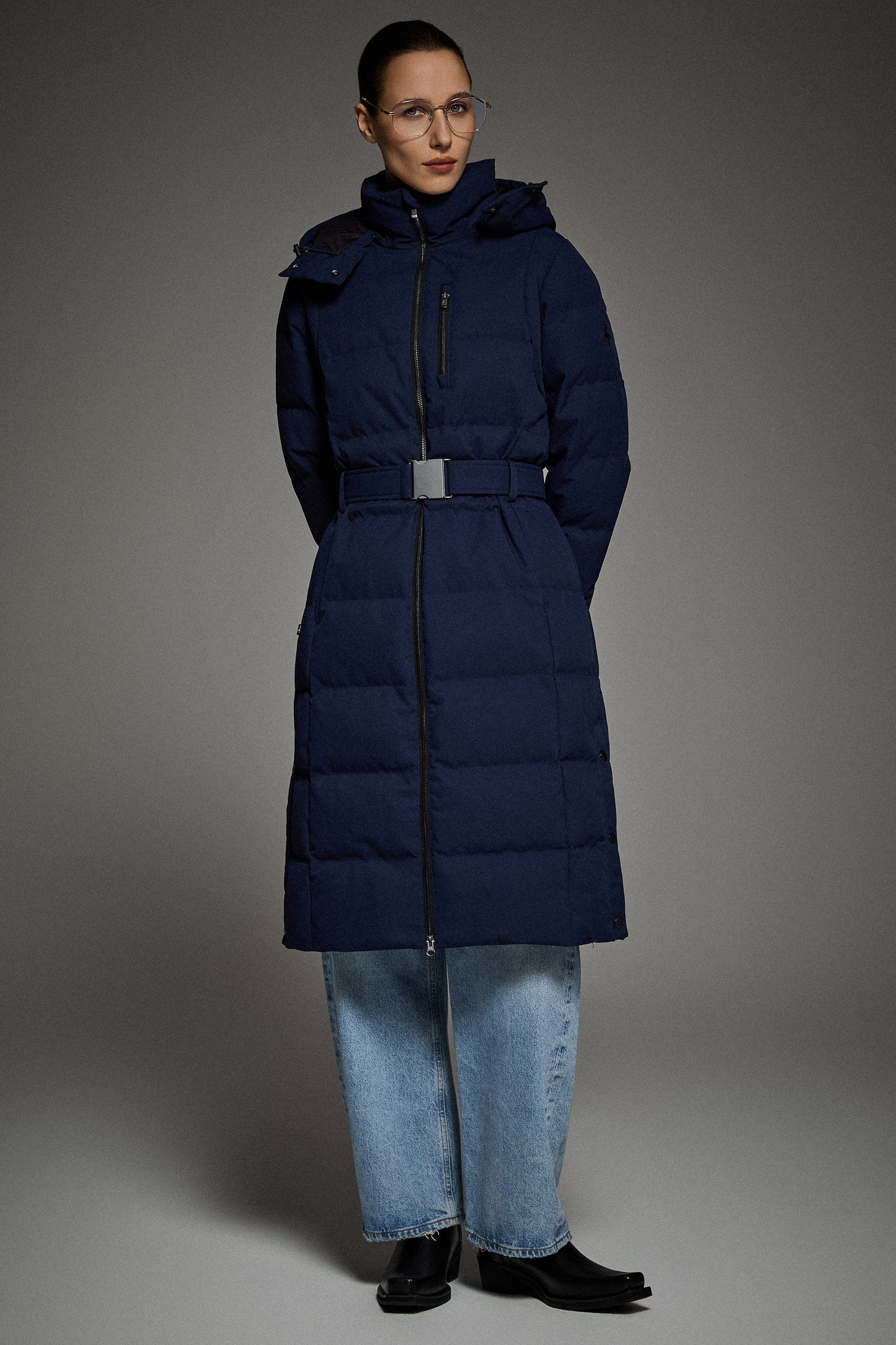 Celeste Long Hooded Belted Down Coat
