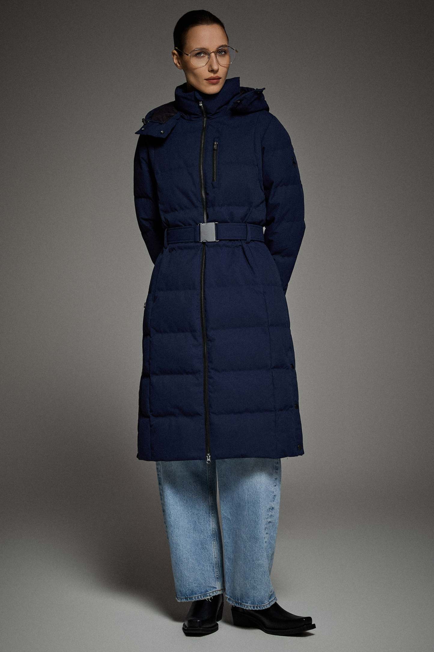 Celeste Long Hooded Belted Down Coat