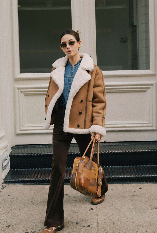 Callen Suede and Fur Faux Shearling Coat - Tawny