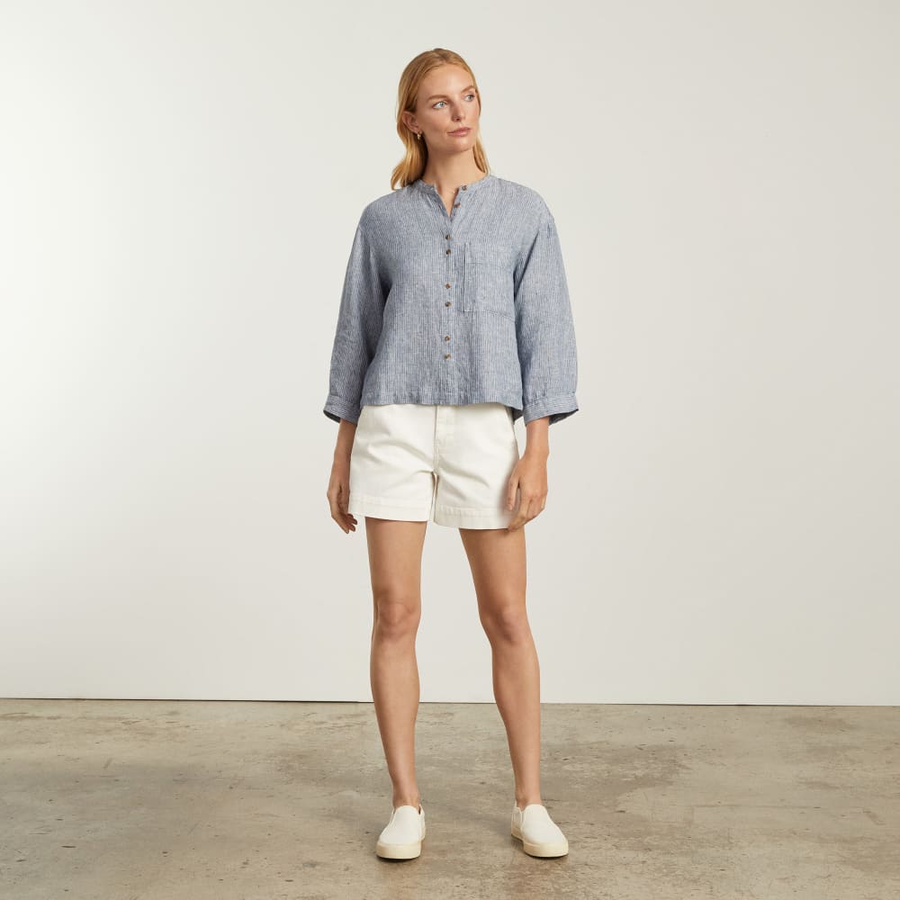 The Linen Billow Blouse | Blue Pinstripe