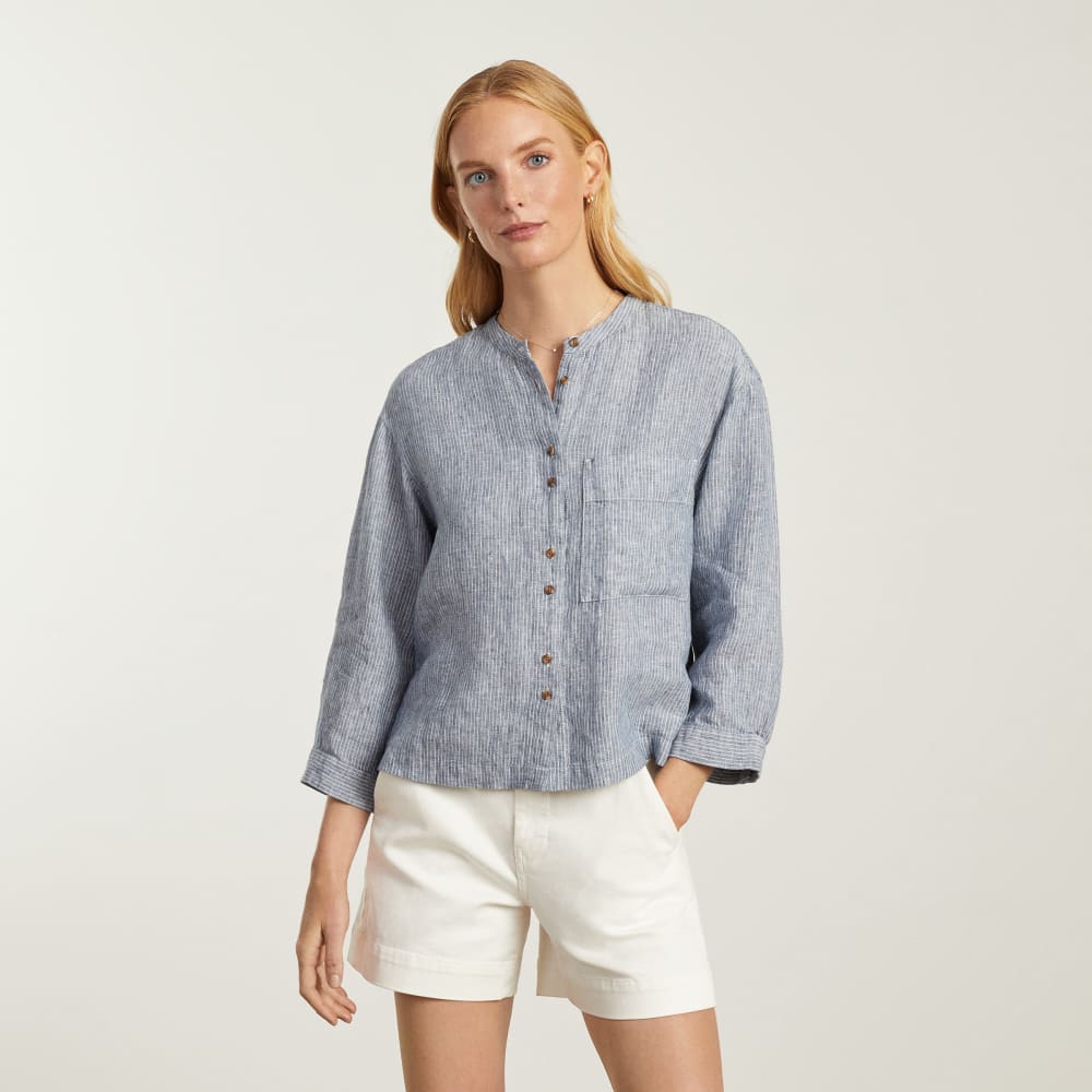 The Linen Billow Blouse | Blue Pinstripe