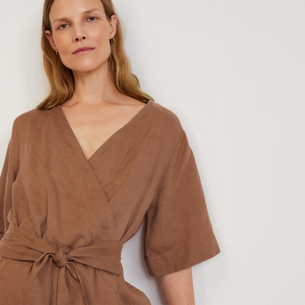 The Wrap Jumpsuit in Linen | Carob Brown