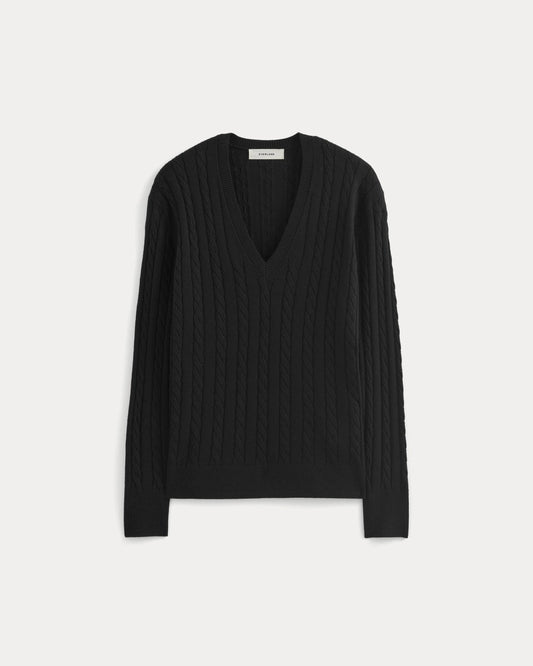 The Cable V-Neck in Cotton Cashmere | Black