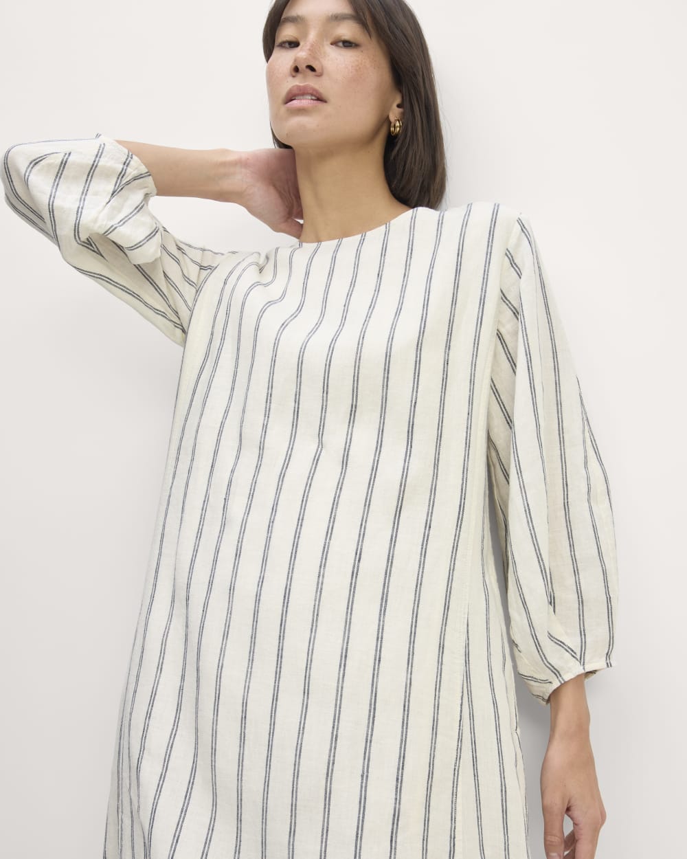 The Linen A-Line Midi Dress | Bone / Navy