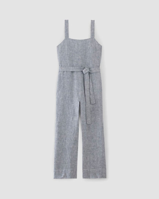 The Linen Side-Button Jumpsuit | White / Blue