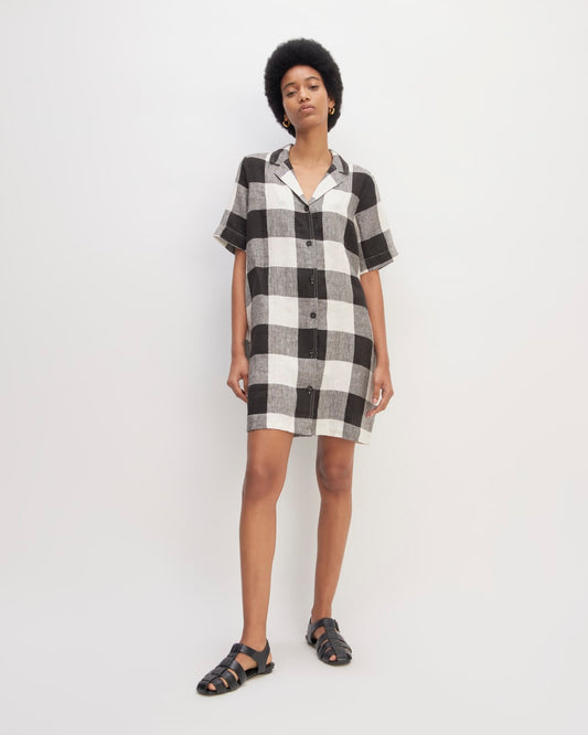 The Shirtdress in Linen | Bone / Black Check