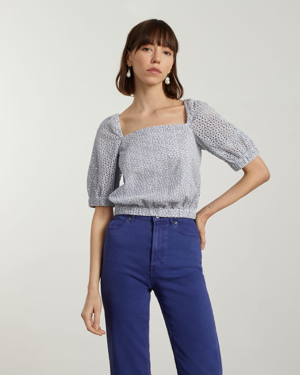 The Eyelet Puff Sleeve Top | Deep Blue / White