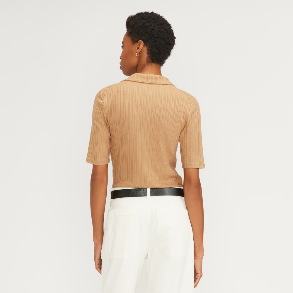 The Rib Soft Knit Open Collar Polo | Caramel