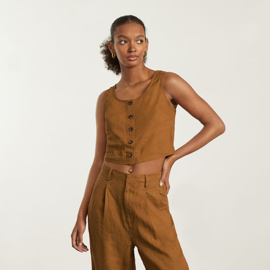 The Linen Button-Front Crop Tank | Tawny Brown