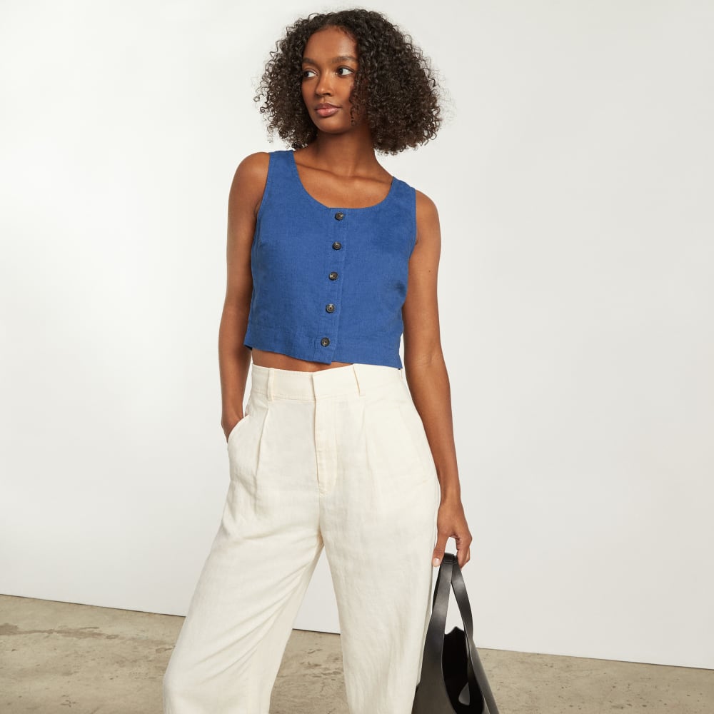The Linen Button-Front Crop Tank | Deep Blue