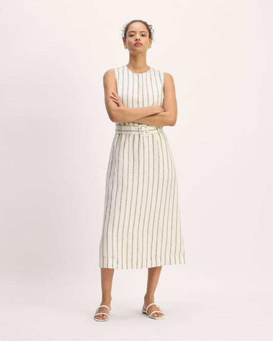 The Linen Belted Midi Dress | Bone / Navy