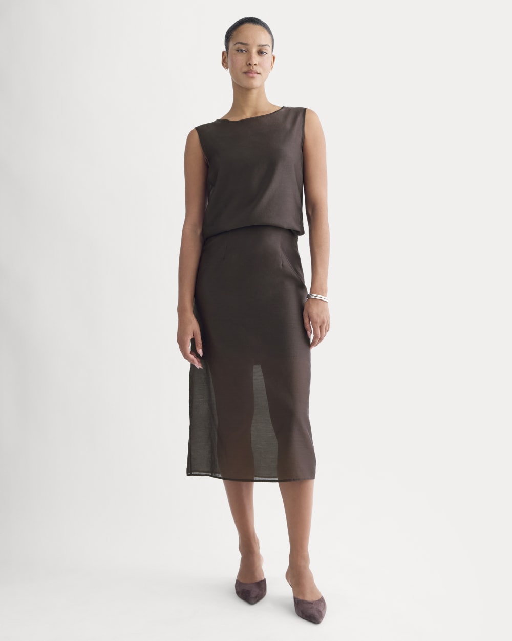 Sleeveless Top in Cotton-Silk Organza | Dark Chocolate