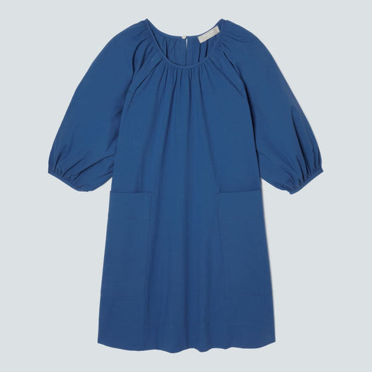 The Seersucker Puff Sleeve Dress | Deep Blue