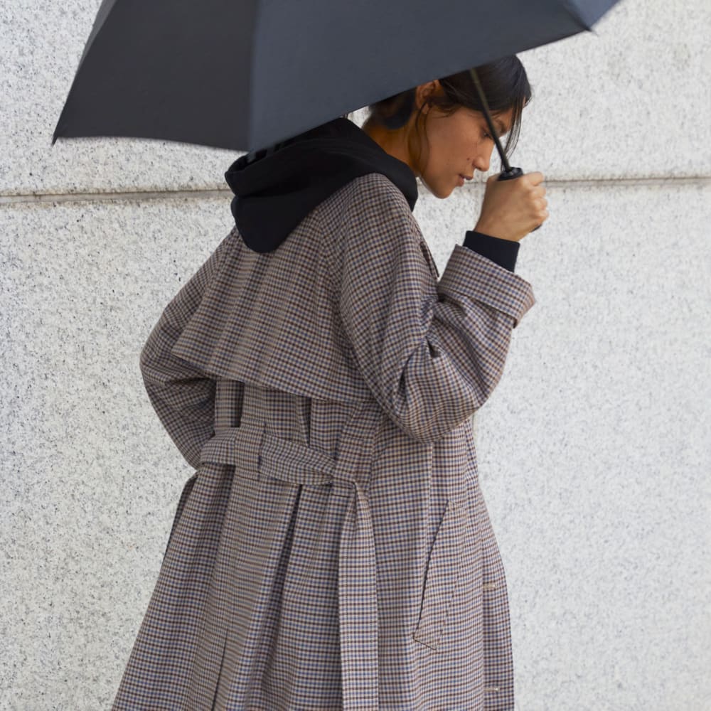 The Gathered Drape Trench | Blue / Brown Houndstooth