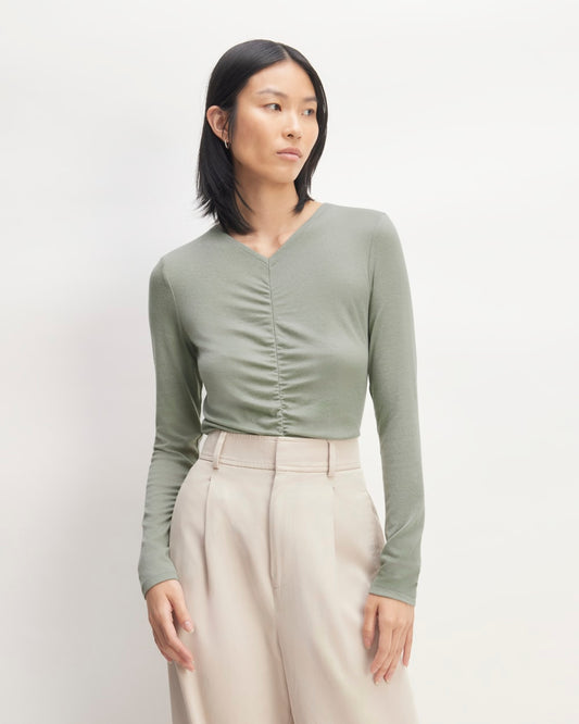 The Ruched V-Neck Tee in Butterluxe | Sage Green