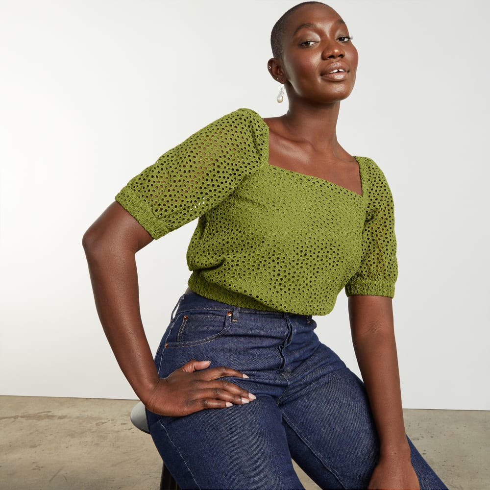 The Eyelet Puff Sleeve Top | Moss