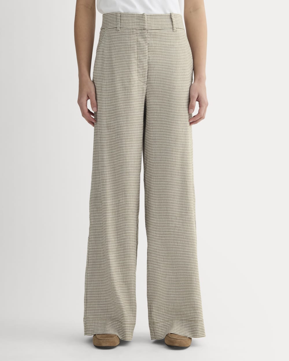 The Wide-Leg Pant in Stretch Linen | Deep Taupe Mini Gingham