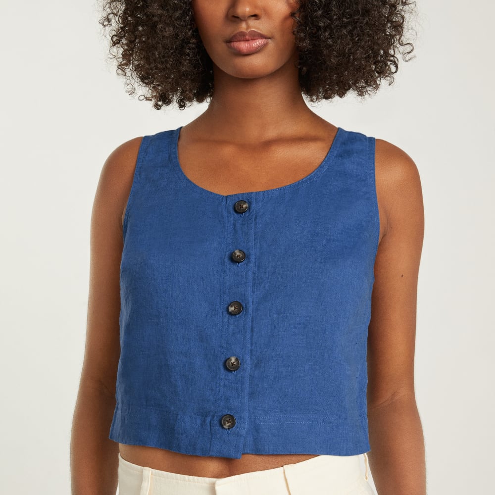 The Linen Button-Front Crop Tank | Deep Blue