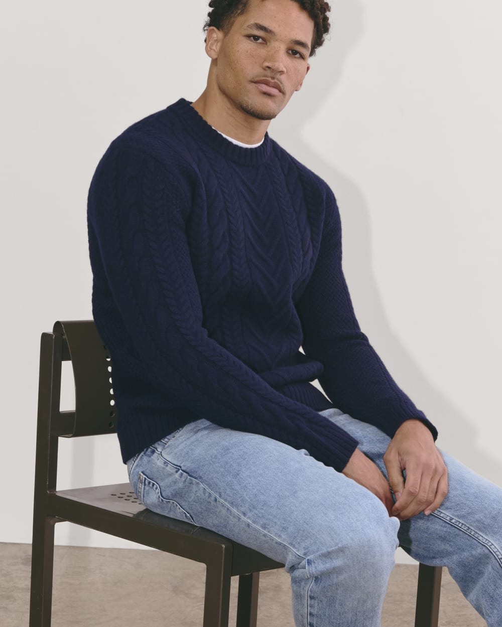 The Felted Merino Cable-Knit Crew | Deep Navy