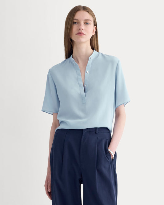 The Popover Top in Washable Silk | Soft Blue