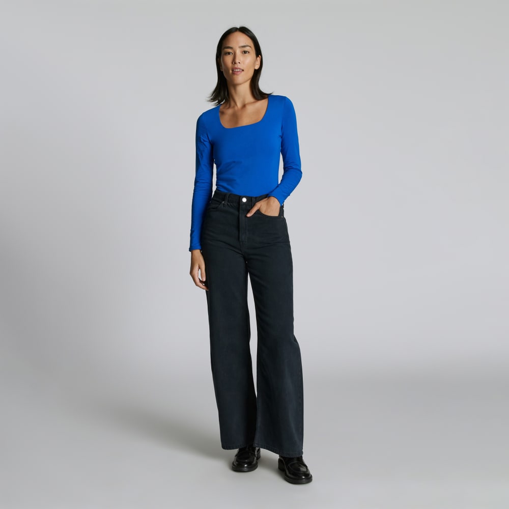 The Long-Sleeve Supima® Square-Neck Bodysuit | Lapis Blue | Bikini