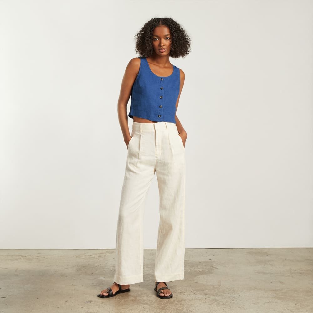 The Linen Button-Front Crop Tank | Deep Blue