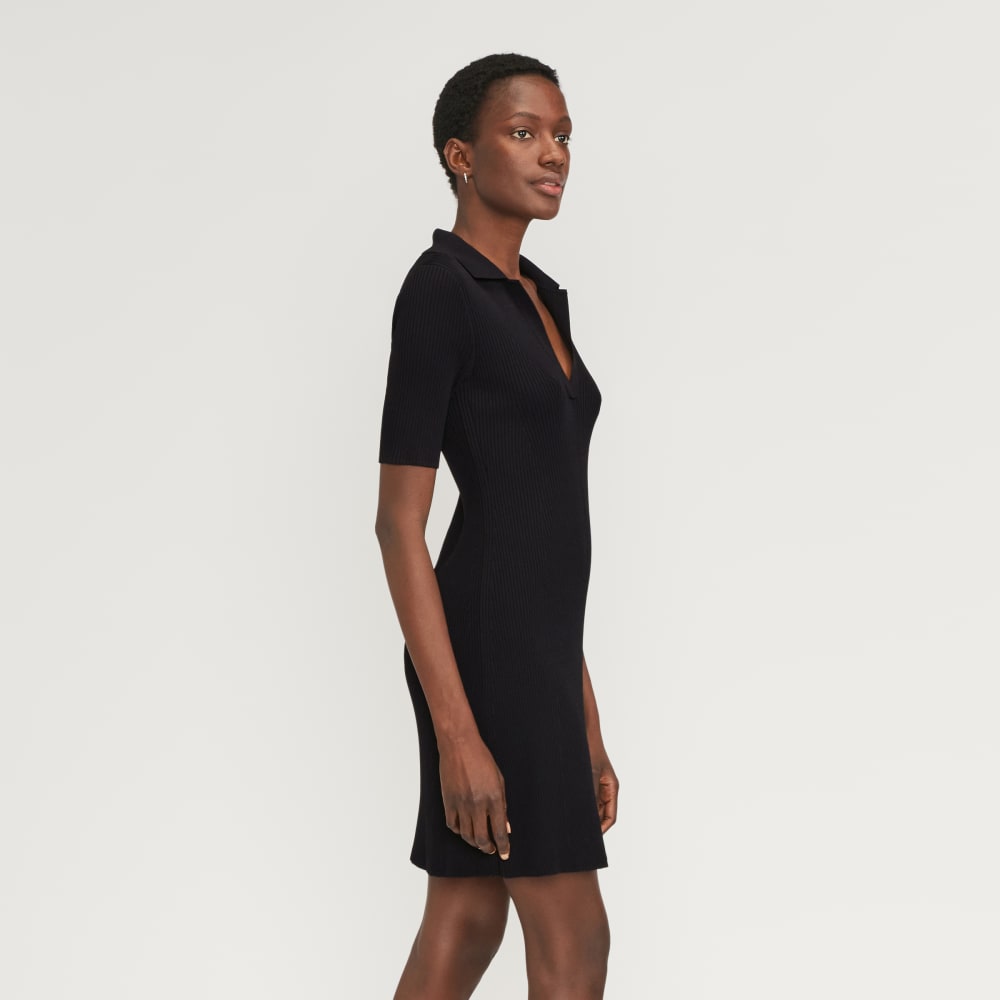 The Ribbed Short-Sleeve Polo Dress | Black