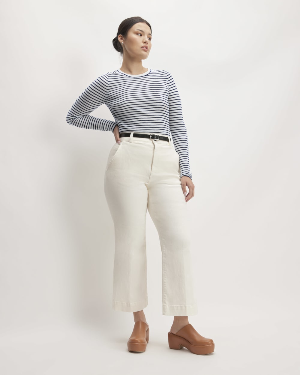 The Long-Sleeve Sweater Tee in Ultrasoft Merino | Bone / Navy