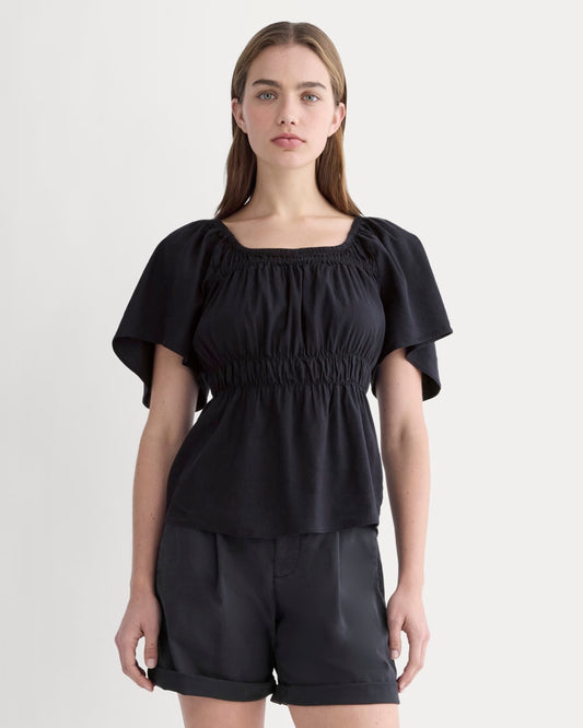 The Flutter-Sleeve Top in Stretch Linen | Black